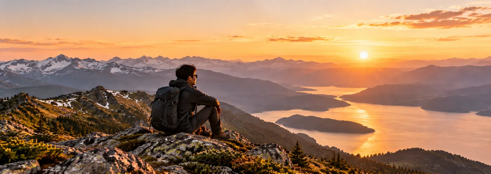 A hiker looking across mountain ranges at sunrise